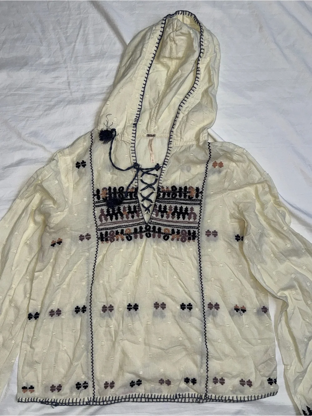 Free People Cream Hooded Embroidered Peasant Tunic with Black Trim